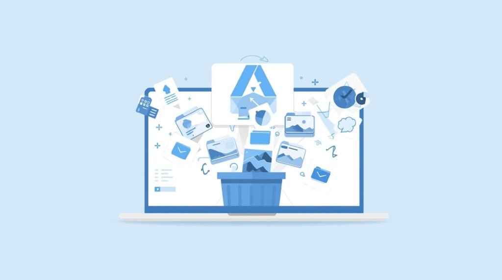 Illustration of a Windows laptop recovering deleted files using data recovery software