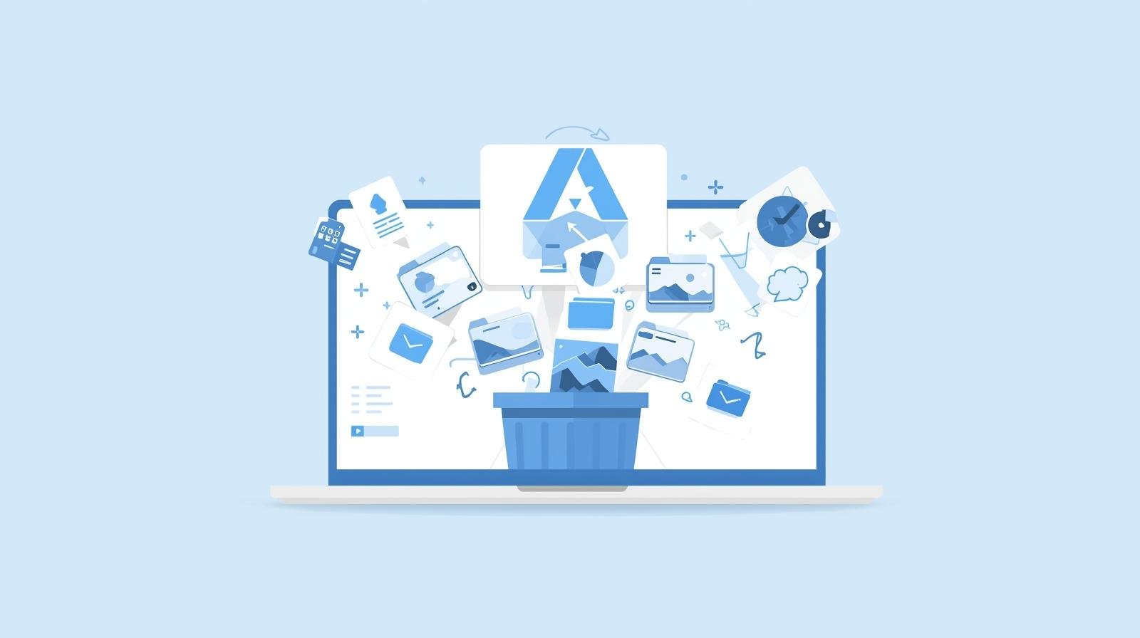 Illustration of a Windows laptop recovering deleted files using data recovery software