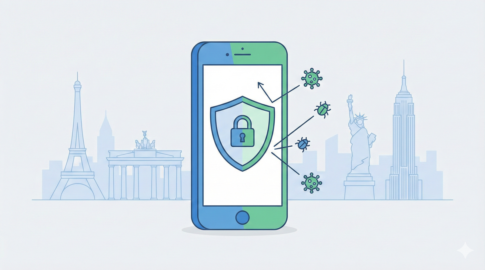 Smartphone protected from malware with a shield icon on the screen