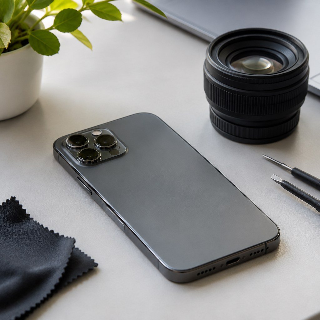 iPhone camera troubleshooting on a clean tech workspace